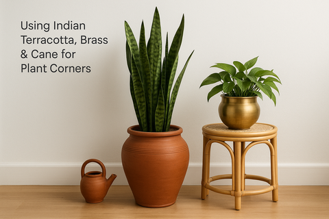 Using Indian Terracotta, Brass & Cane for Plant Corners