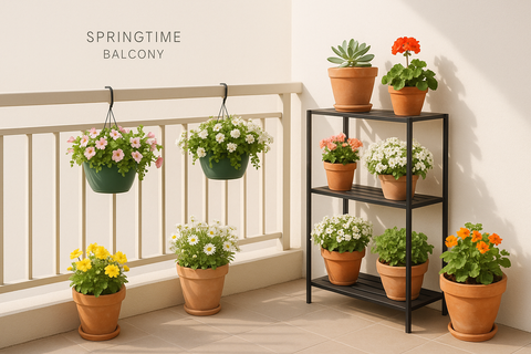 Refreshing Your Balcony Garden for Spring - include plant stands, hanging planters, railing planters.