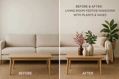 Before & After: Living Room Festive Makeover with Plants & Vases