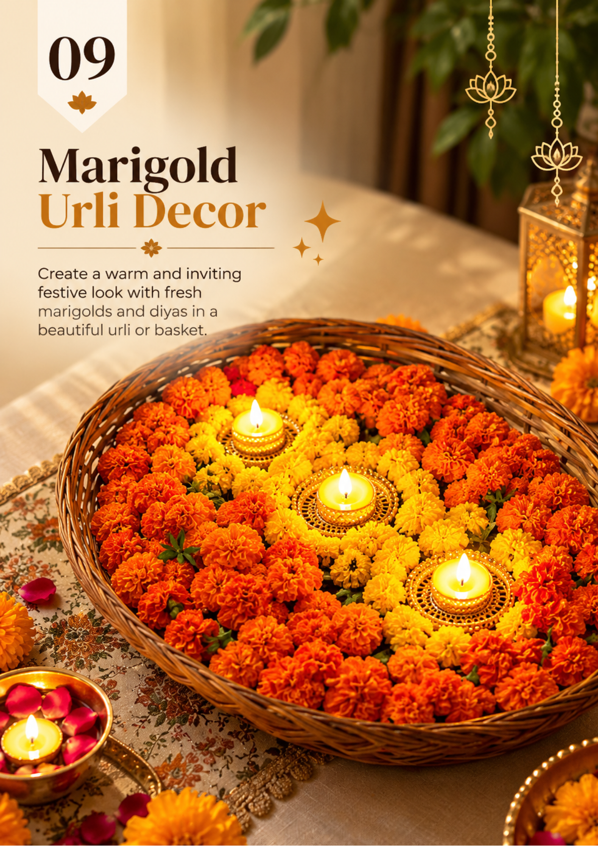 Marigold urli decor idea with orange and yellow marigolds and three lit diyas in a woven basket
