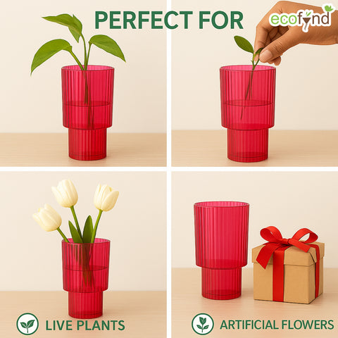 ecofynd Glass Vase for Flowers & Décor – Symmetrical Ribbed Pattern | Pink