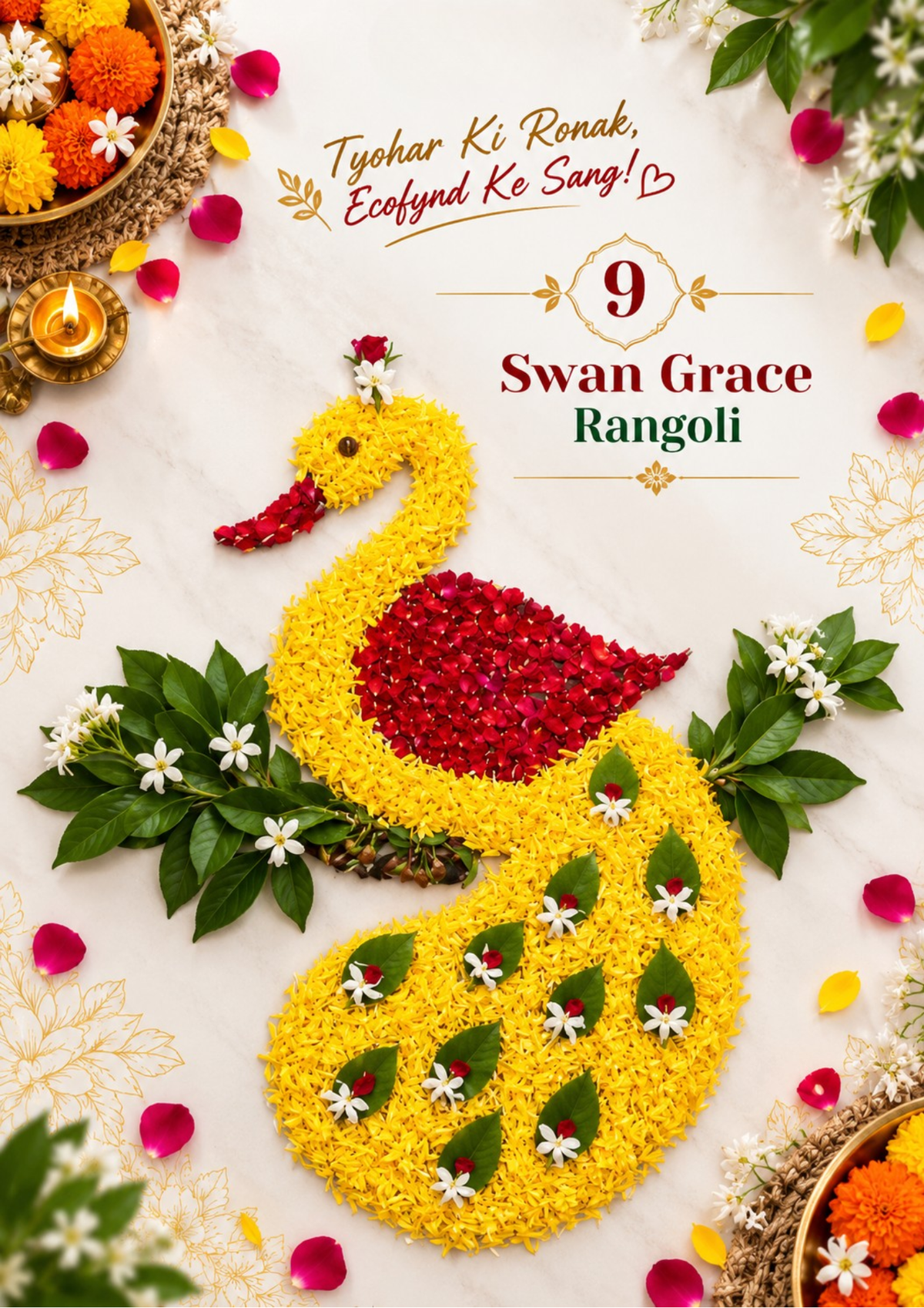 Swan Grace Rangoli of a swan made with yellow flowers, red rose petals, green leaves and white jasmine