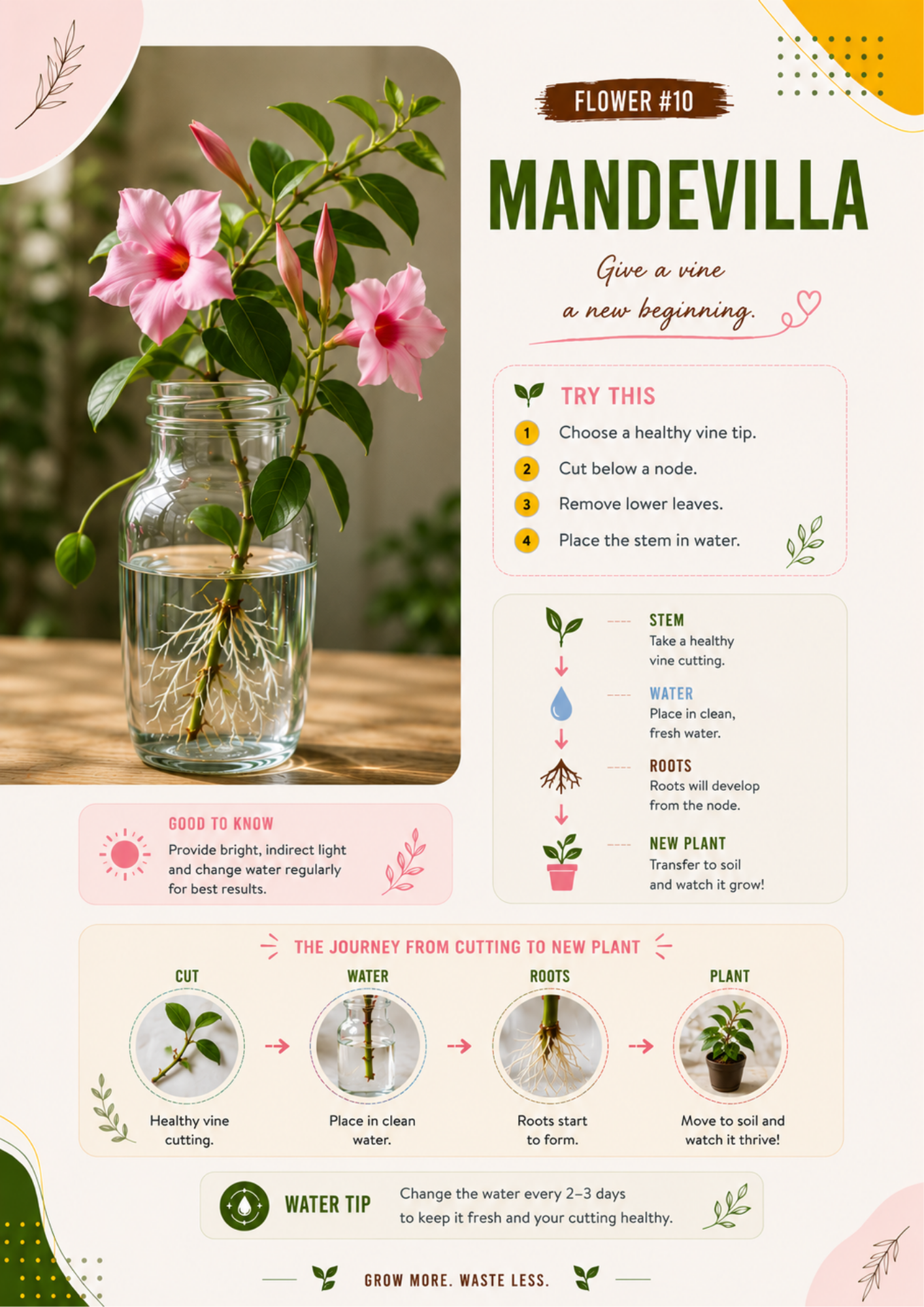 Ecofynd water propagation guide showing how to propagate Mandevilla from vine cuttings