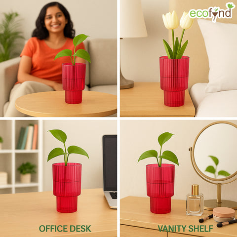 ecofynd Glass Vase for Flowers & Décor – Symmetrical Ribbed Pattern | Pink