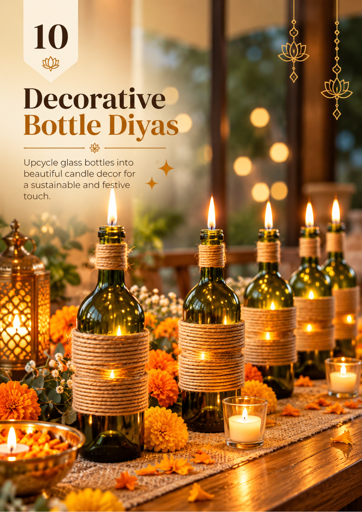 Decorative bottle diyas idea with glass bottles wrapped in jute twine and used as candle holders