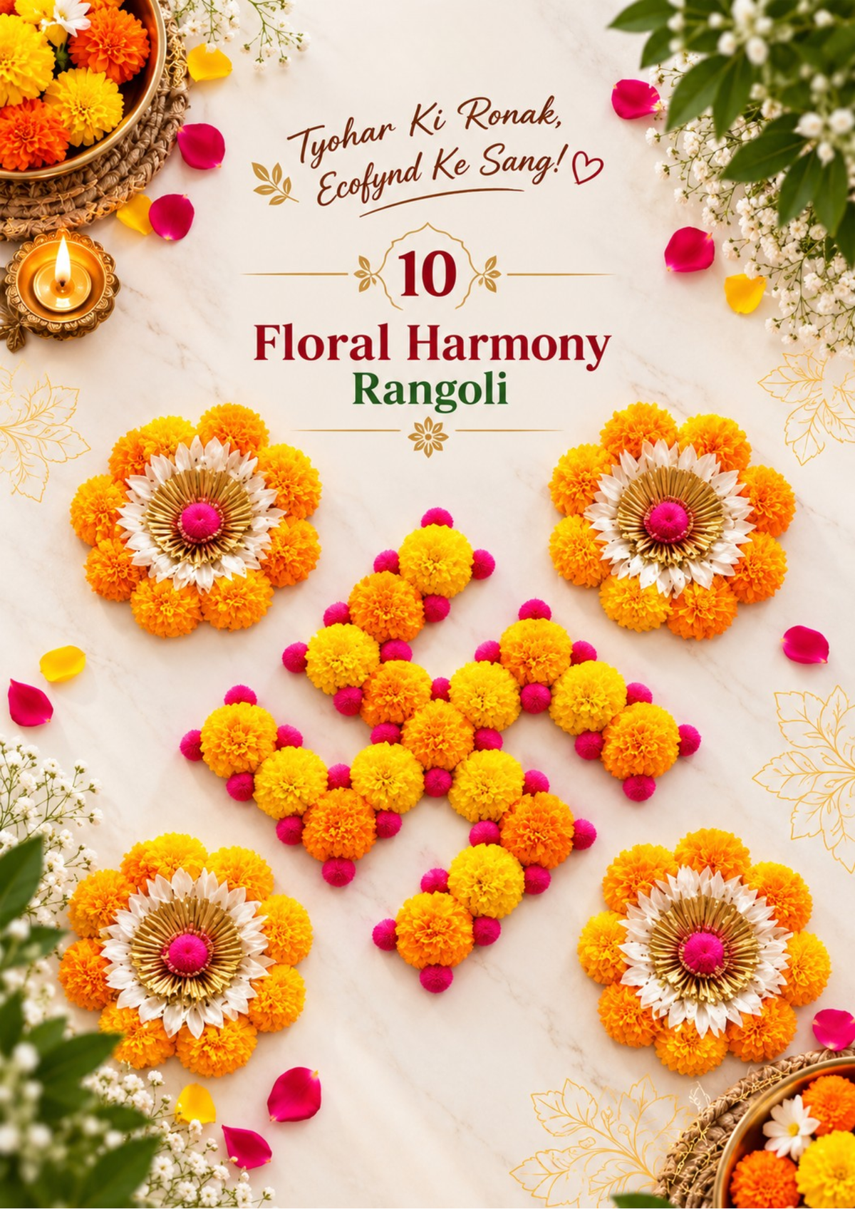 Floral Harmony Rangoli with a central auspicious motif made of marigolds and four marigold rosettes with pink centres