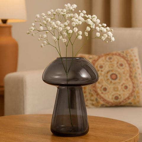 ecofynd Glass Vase for Flowers & Décor – Mushroom Shaped | Grey