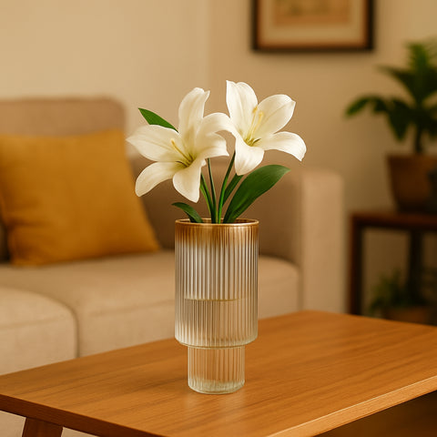 ecofynd Glass Vase for Flowers & Décor – Symmetrical Ribbed Pattern | Clear
