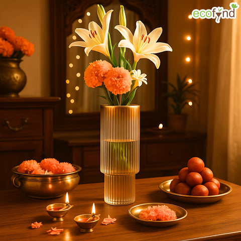 ecofynd Glass Vase for Flowers & Décor – Symmetrical Ribbed Pattern | Clear