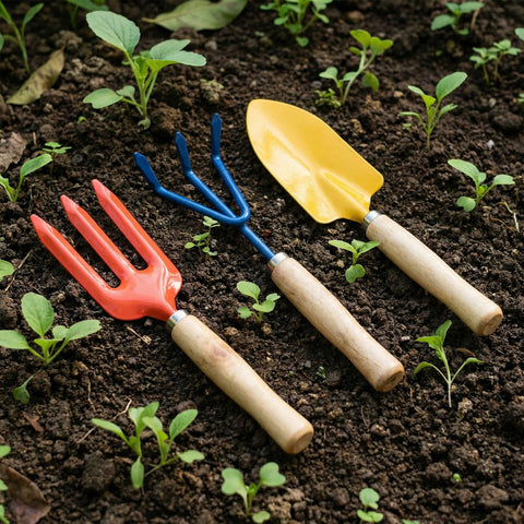 ecofynd 3 Pcs Gardening Hand Tools Set (Cultivator, Trowel, Fork with Wooden Handle)