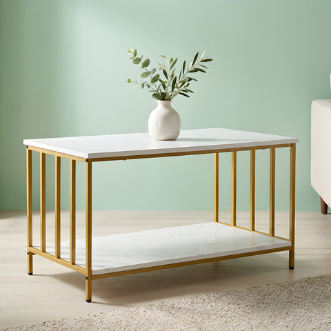 ecofynd Ecofynd 35 Inch White & Gold 2-Tier Center Table for Minmalist Living Rooms