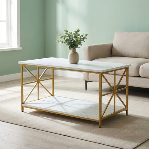 ecofynd Ecofynd 35 Inch White & Gold 2-Tier Center Table for Modern Living Rooms