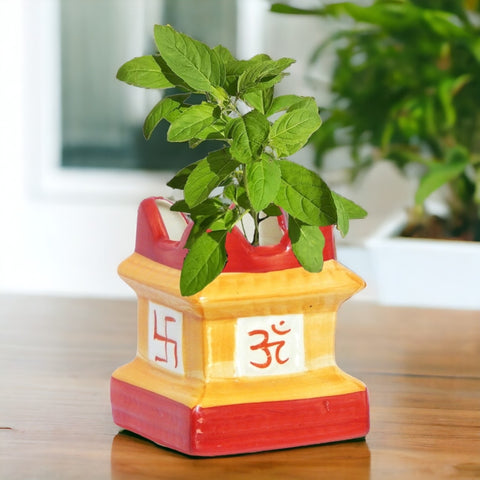 indian tulsi plant pot Yellow & Red Traditional Tulsi Planter
