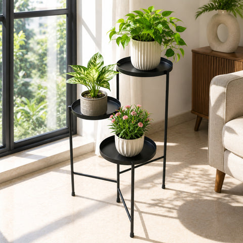 ecofynd Ecofynd Troy 3-Tier Foldable Metal Plant Stand for Balcony & Garden (Black)