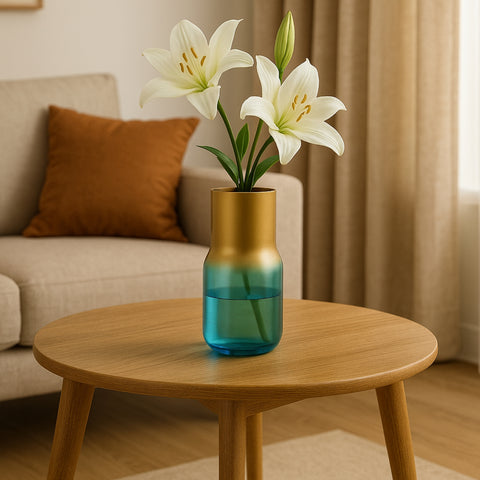 ecofynd Glass Vase for Flowers & Décor – Clear Tumbler Shape | Aqua & Gold