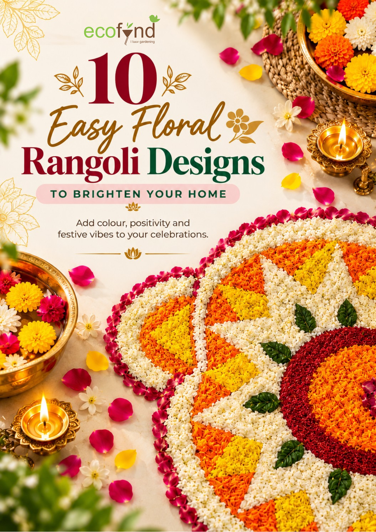 Ecofynd 10 Easy Floral Rangoli Designs guide cover featuring a flower petal rangoli with brass diyas and marigold bowls