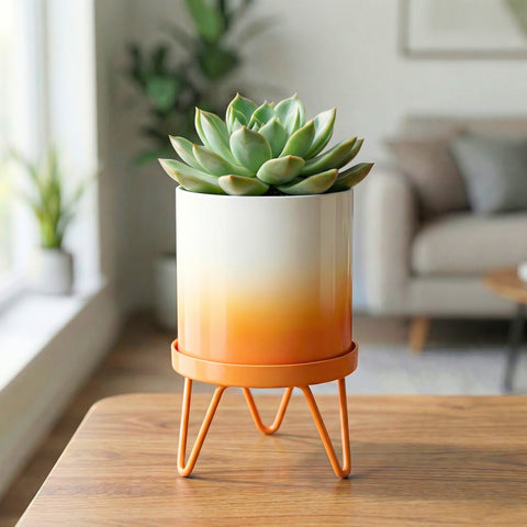 ecofynd Lucas Metal Plant Pot with Orange Stand
