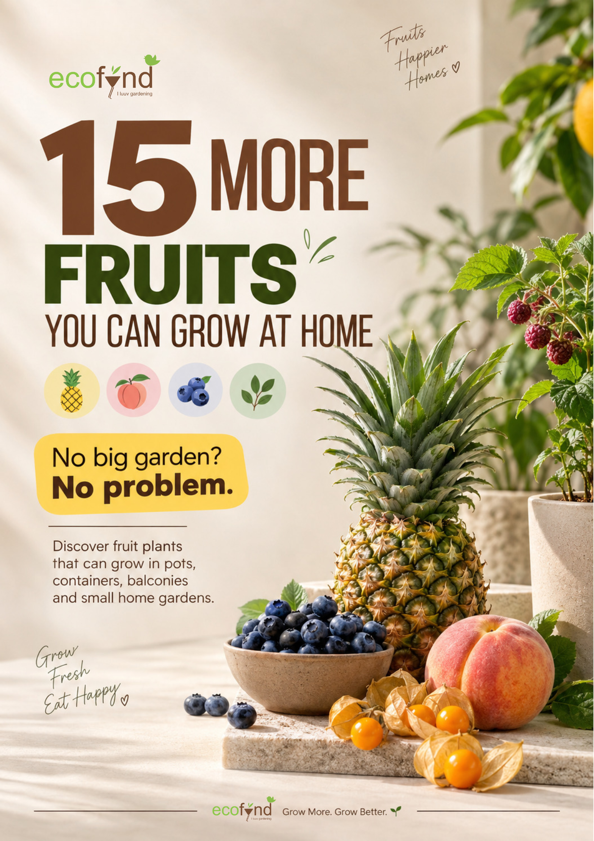 Ecofynd 15 More Fruits You Can Grow at Home guide cover featuring pineapple, blueberries and peach