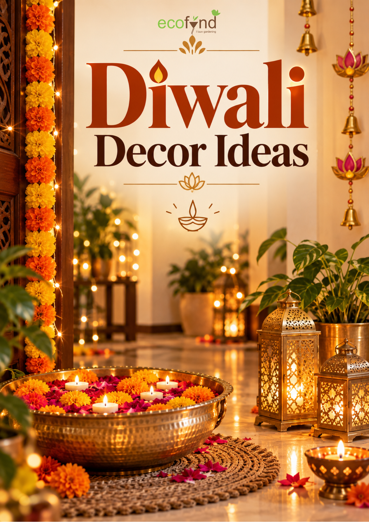 Ecofynd Diwali Decor Ideas guide cover featuring a brass urli with floating candles and marigolds, brass lanterns and a marigold garland