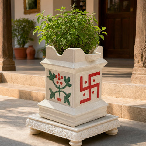 ecofynd Ecofynd 12 Inch Ceramic Tulsi Planter with Diya Holder Ivory
