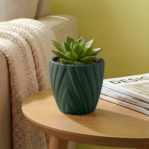 ecofynd Ecofynd Dark Green Twisted 4 Inch Ceramic Cachepot Planter for Indoor Plants