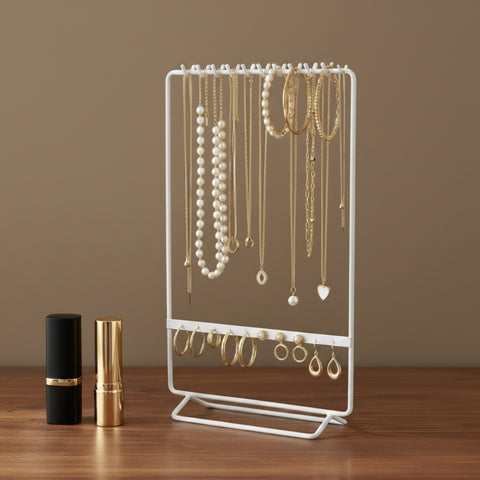 ecofynd Ecofynd 2-Tier White Metal Jewelry Organizer Stand with 11 Hooks & 10 Earring Holes
