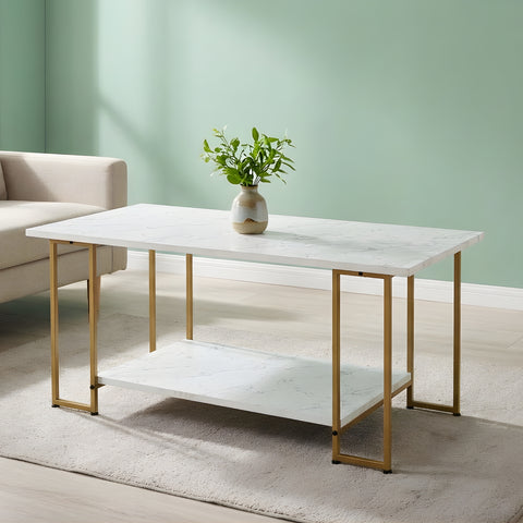 ecofynd Ecofynd 39 Inch White & Gold 2-Tier Center Table for Living Rooms