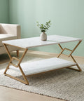 ecofynd 35 Inch MarbleAura 2-Tier Gold Frame Center Table for Modern Living Rooms