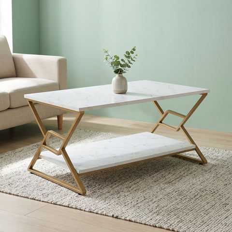 ecofynd 35 Inch MarbleAura 2-Tier Gold Frame Center Table for Modern Living Rooms