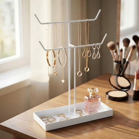 ecofynd Ecofynd 2-Tier Jewelry Hanger Stand with Storage Tray (White)