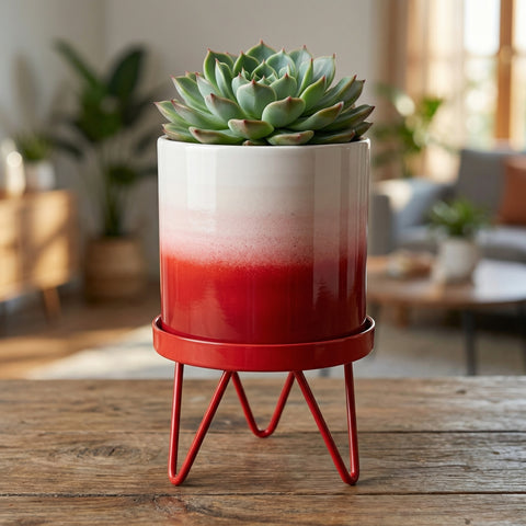 red plant pot holders Ecofynd Lucas Tabletop Metal Planter with Red Stand