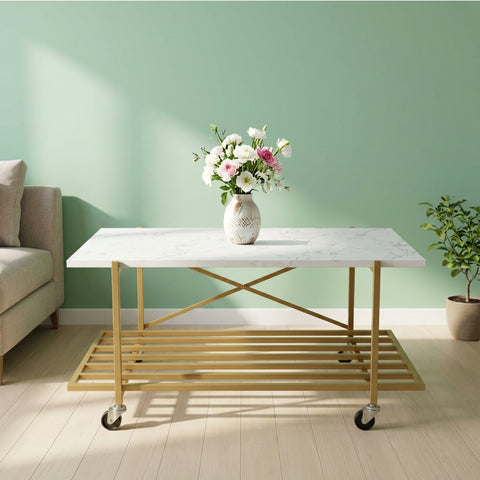 ecofynd Modern 2-Tier Centre Table (35 Inch, White & Gold Metal Frame)
