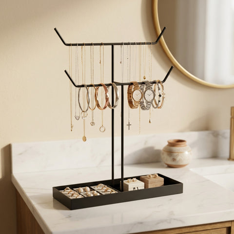 ecofynd Ecofynd 2-Tier Jewelry Hanger Stand with Storage Tray (Black)