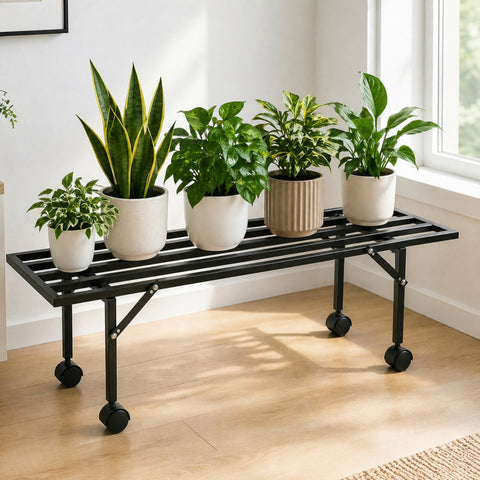 ecofynd Scot 35 Inch Plant Stand with Wheels for Balcony (Black)