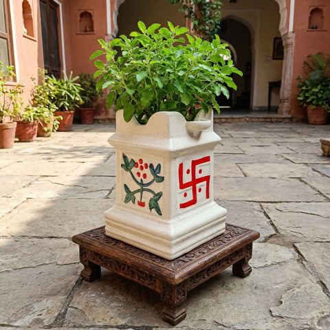 ecofynd Ecofynd 10 Inch Ceramic Tulsi Planter with Diya Holder Ivory