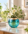 ecofynd Glass Vase for Flowers & Decor – Clear Bowl Shape | Aqua & Golden Hue