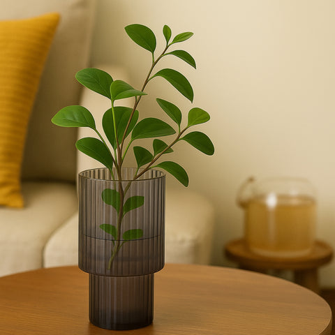 ecofynd Glass Vase for Flowers & Décor – Symmetrical Ribbed Pattern | Gray