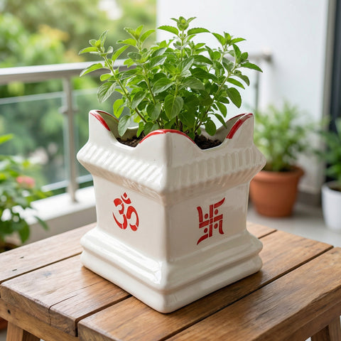 ecofynd Ceramic Tulsi Plant Pot – Elegant Spiritual & Indoor Planter