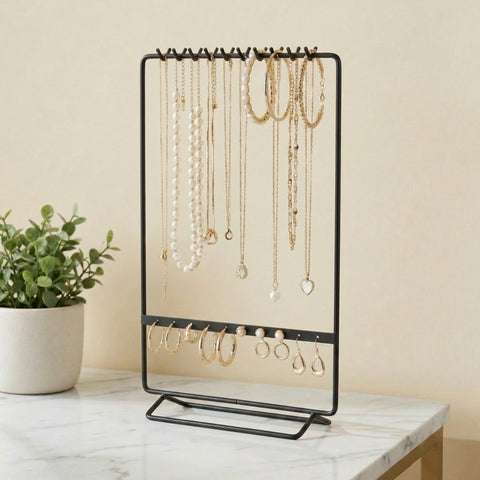 ecofynd Ecofynd 2-Tier Black Metal Jewelry Organizer Stand with 11 Hooks & 10 Earring Holes