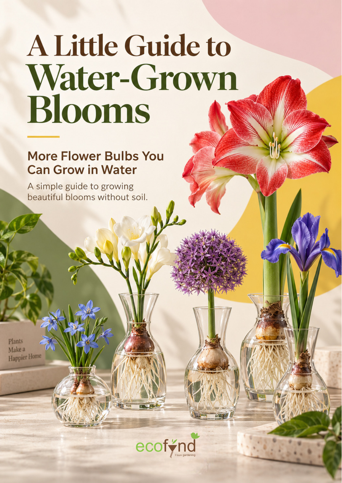 Ecofynd cover for A Little Guide to Water-Grown Blooms featuring amaryllis, freesia, allium and iris growing in glass vases