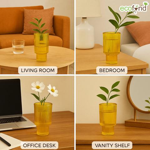 ecofynd Glass Vase for Flowers & Décor – Symmetrical Ribbed Pattern | Yellow