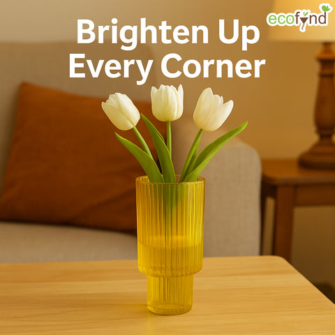 ecofynd Glass Vase for Flowers & Décor – Symmetrical Ribbed Pattern | Yellow