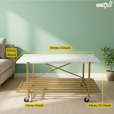 ecofynd Modern 2-Tier Centre Table (35 Inch, White & Gold Metal Frame)