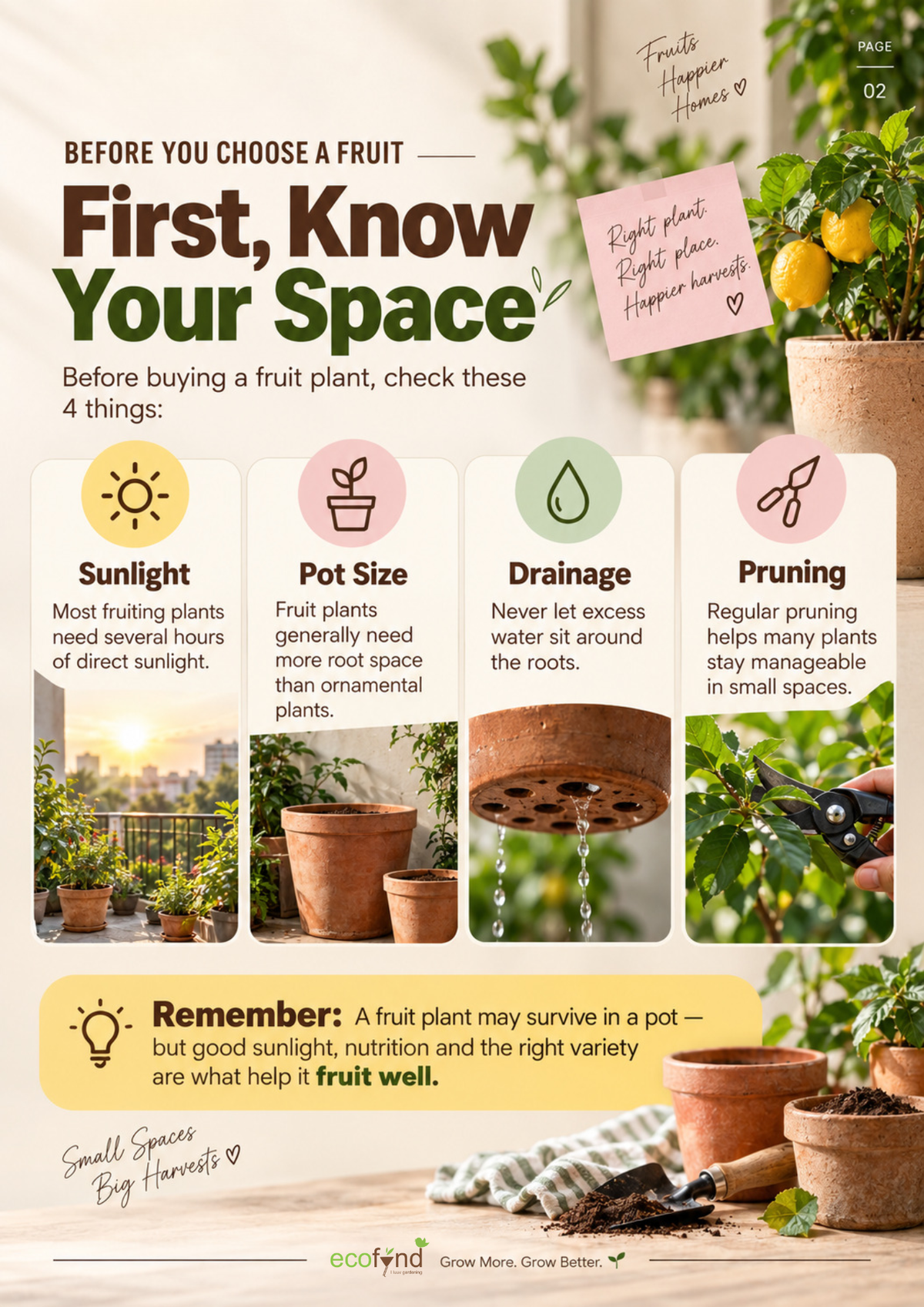 Ecofynd guide on choosing the right fruit plant by checking sunlight, pot size, drainage and pruning needs