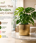 ecofynd 6 Inch Ribbed Metal Pedestal Planter – Gold Finish