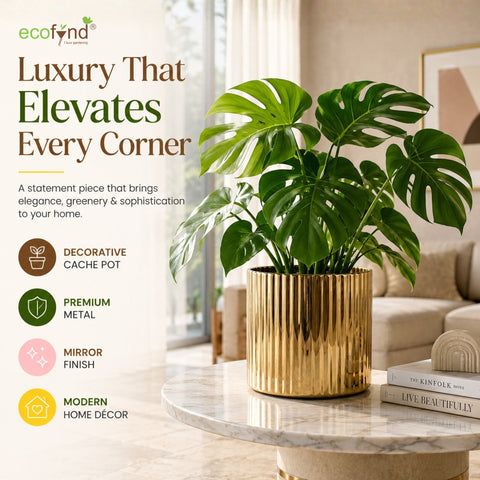 ecofynd 6 Inch Ribbed Metal Pedestal Planter – Gold Finish
