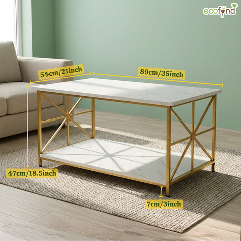 ecofynd Ecofynd 35 Inch White & Gold 2-Tier Center Table for Modern Living Rooms