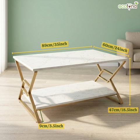 ecofynd 35 Inch MarbleAura 2-Tier Gold Frame Center Table for Modern Living Rooms