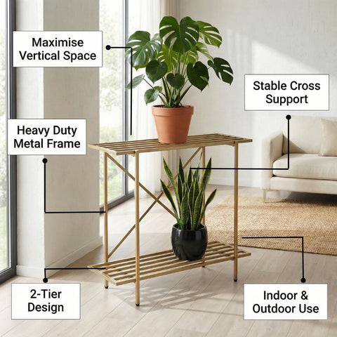 ecofynd Eric Jr Metal Golden Plant Stand – 2 Tier Utility Display for Home & Garden