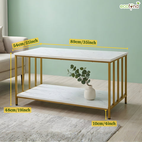 ecofynd Ecofynd 35 Inch White & Gold 2-Tier Center Table for Minmalist Living Rooms